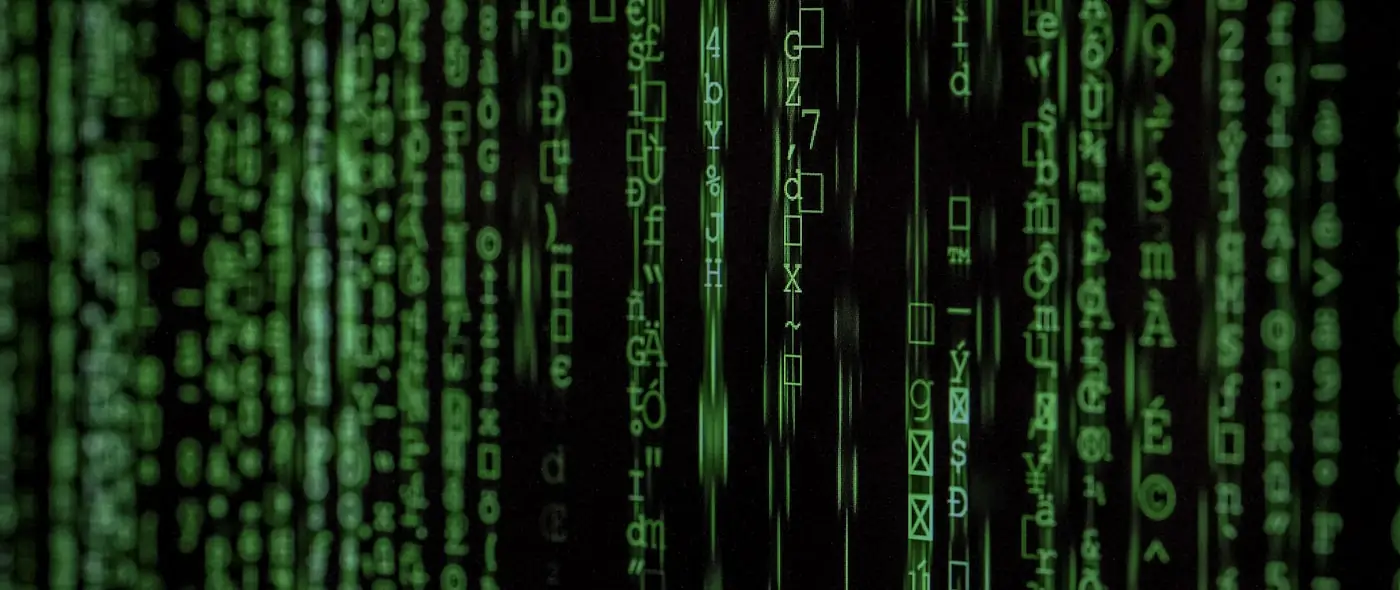 Abstract digital data visualization with green matrix-style text flowing across a dark background